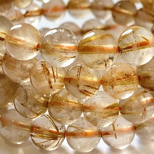Natural Gold Golden Rutilated Quartz Smooth Round Beads 7.5” Strand DIY Jewelry