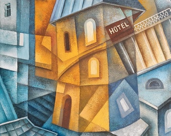 Hôtel de nuit par Eugene Ivanov. Peinture moderne originale, toile, peinture d'art mural, maison, art déco de bureau, bleu, jaune