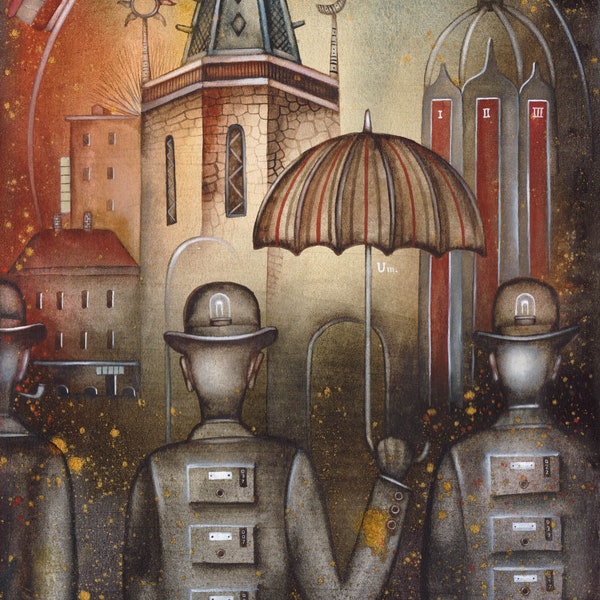 Collective Observation by Eugene Ivanov. Original watercolor steampunk painting, Best watercolor art, Home, Office decor art