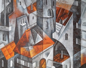 Géométrie de la vieille ville par Eugene Ivanov. Peinture moderne originale, toile, peinture d'art mural, maison, art déco de bureau, gris