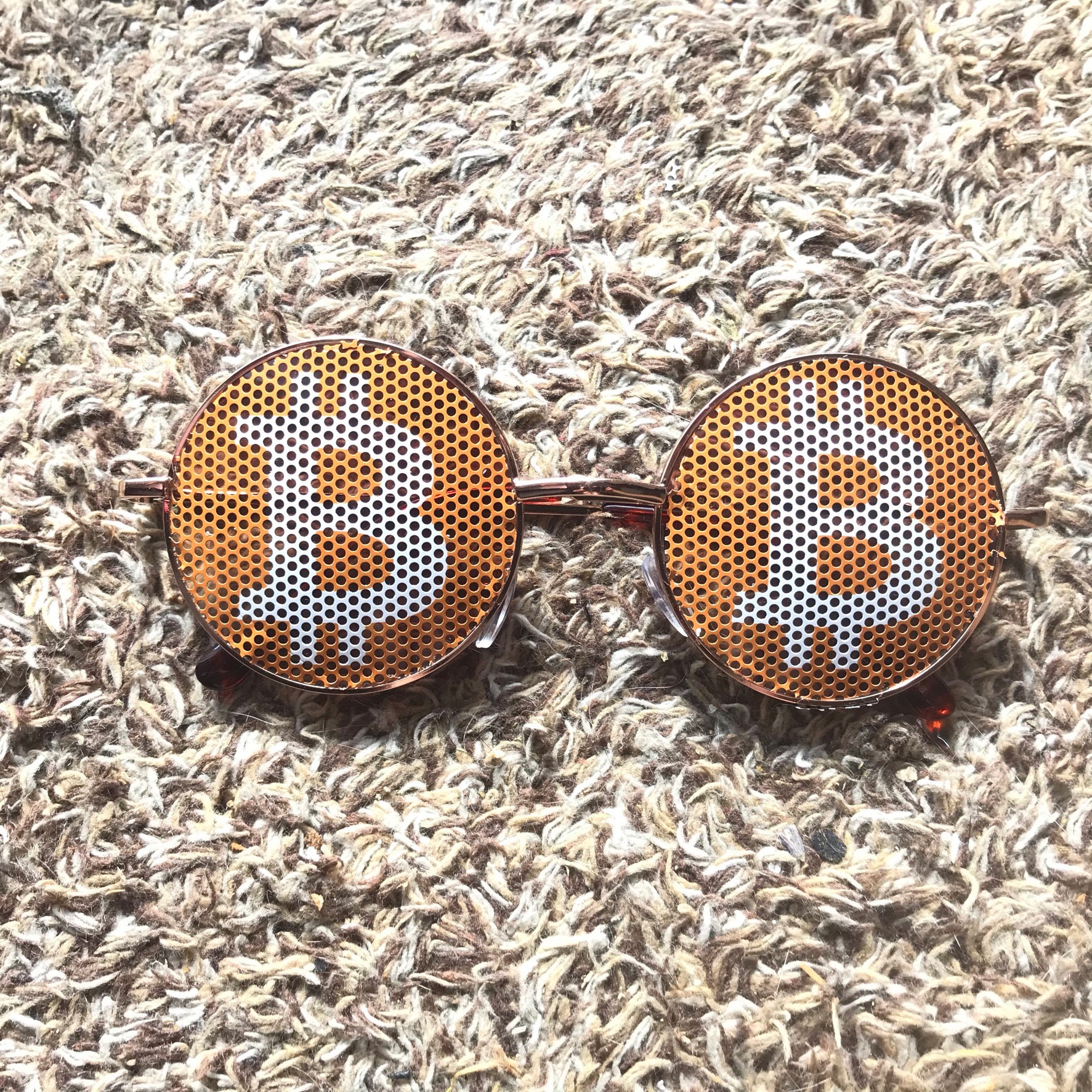White Bitcoin Logo on Orenge Graphic Hippy Style Round Sunglasses
