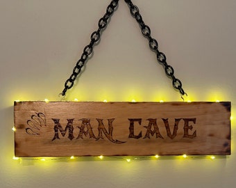 Illuminated - MAN CAVE - Wood signs Decorative wood burned