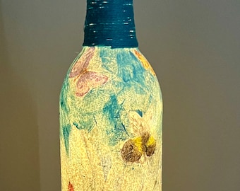 Lighted Wine Bottle, Decoupaged Design, Night Light, Centerpiece, Tiered Tray Decor, Home Decor