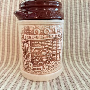 VINTAGE MARCIA Ceramics cream and brown brick fireplace kitchen scene cookie jar, vintage kitchen decor, antique kitchen decor