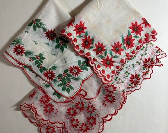 Lot of four Vintage Poinsettia and Holly Handkerchiefs