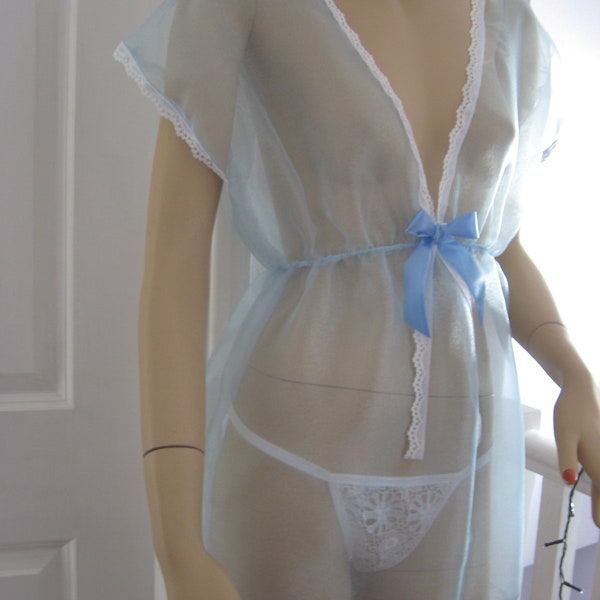 baby blue Nylon Night dress white lace Sheer  negligee gift Lingerie Adult feminine Glamour fantasy Sequoia