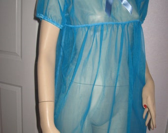 Sheer Soft Nylon Turquoise blue baby doll Dress Lingerie Adult feminine Glamour fantasy Sequoia