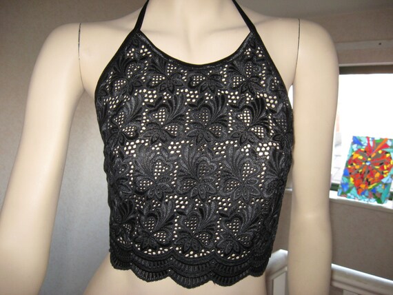 NEW black cream Floral Lace Halterneck Crop Gothic Hippy Boho Party Dance Top