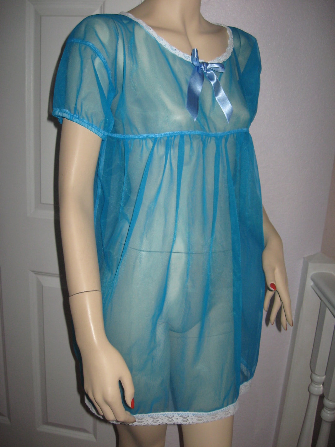 Sheer Soft Nylon Turquoise Blue Baby Doll Dress Lingerie Adult Feminine  Glamour Fantasy Sequoia