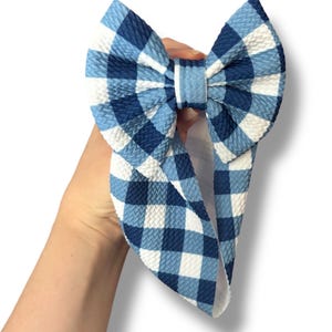 Handmade Blue Gingham Bow, Summer Headwrap