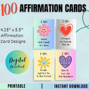 Tarjetas de Afirmaciones Positivas, Regalo de Autocuidado, Tablero de Visión para Manifestaciones, Tarjetas para Mujeres, 100 Tarjetas Imprimibles de Happy Hearts