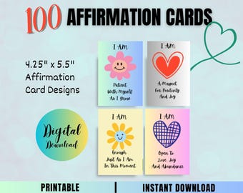 May include: A set of 100 printable affirmation cards, each measuring 10.8 cm by 14 cm. The cards feature colourful illustrations and positive affirmations, such as "I am patient with myself as I grow" and "I am a magnet for positivity and joy".
