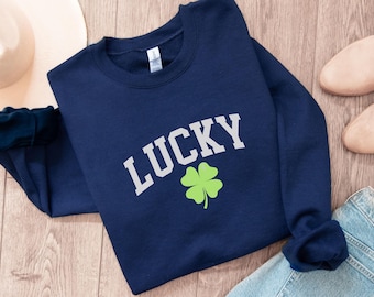 Lucky St Patrick's Day Sweatshirt, Shamrock Sweater,  Retro Irish Four Leaf Clover Crewneck Unisex Pullover, Cute St. Patty's Day Gift