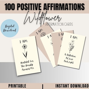 100 tarjetas de afirmaciones positivas, regalo de autocuidado, tarjetas imprimibles de flores silvestres, tablero de manifestación de visión, tarjetas para mujeres