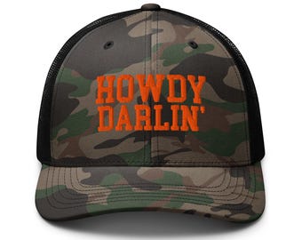 Howdy Darling Embroidered Camouflage Trucker Hat,  Retro Cap, Country Concert, Festival Cowboy Hat, Retro Country Music Gift