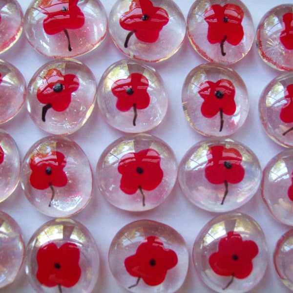 Set of 50 Hand-painted Glass Gems party favors red poppy poppies flowers  flower