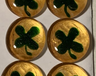 Four leaf clovers on gold St Patrick's Day Hand painted glass gems mosaic tile party favors