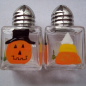 Hand painted mini salt and pepper shakers party favors Halloween mix ghost pumpkins rip candy corn image 1