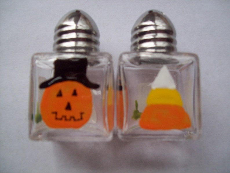 Hand painted mini salt and pepper shakers party favors Halloween mix ghost pumpkins rip candy corn image 1