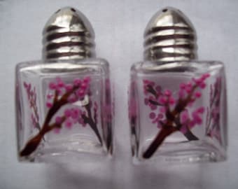 Hand painted mini salt and pepper shakers cherry blossoms