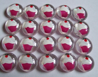 Hand painted glass gems party favors pink bottom cupcakes with fluffy white icing and cherry on top cupcake