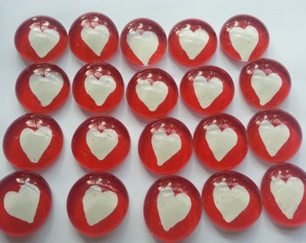 Hand painted glass gems party favors mosaic tile white HEARTS HEART on red