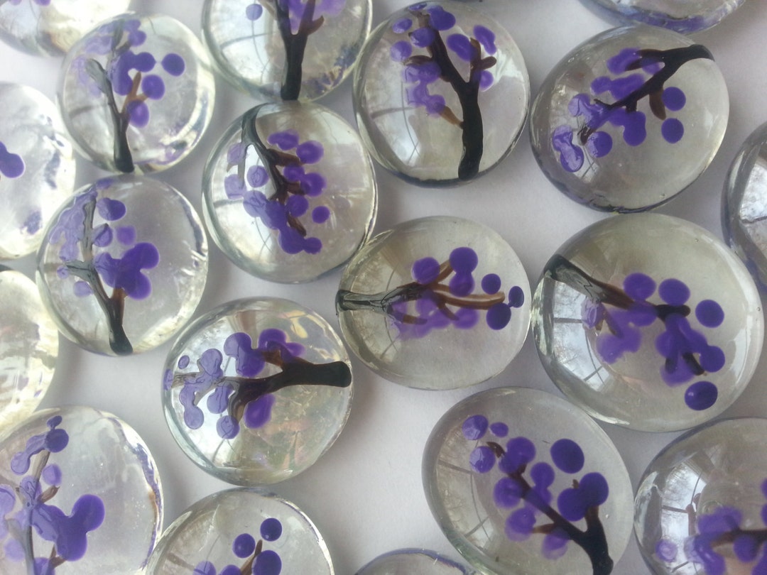 Hand Painted Glass Gems Party Favors Purple BLOSSOMS Flowers Painted ...
