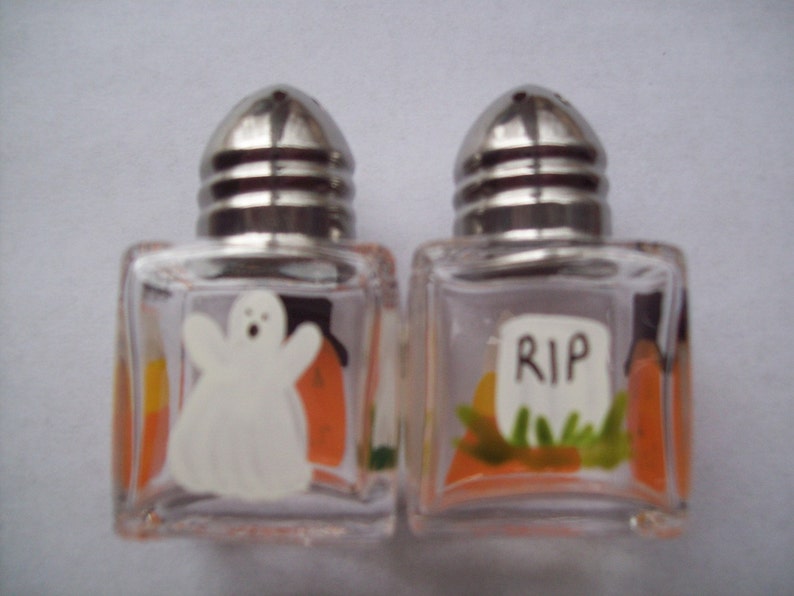 Hand painted mini salt and pepper shakers party favors Halloween mix ghost pumpkins rip candy corn image 2