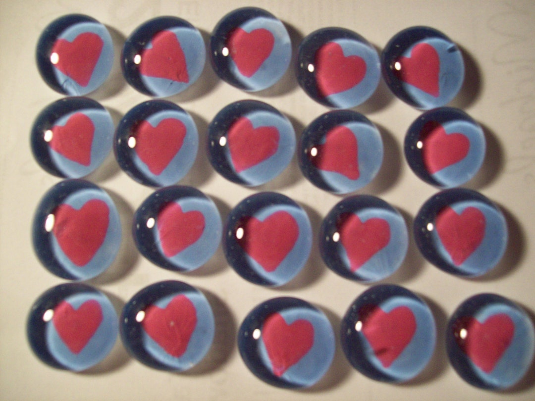 Hand Painted Glass Gems Party Favors Pink HEARTS HEART on Light Blue ...