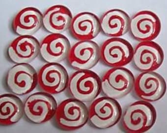 Hand painted glass gems mosaic tile party favors  WHITE SWIRLS on RED