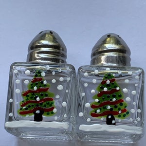 Handpainted mini salt and pepper shakers  party favors  christmas tree on snowy day