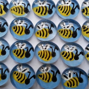 Hand painted glass gems mosaic tile party favors  BEES on blue  BUMBLE BEE