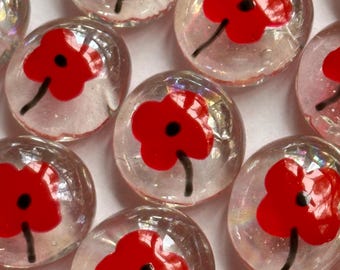 Set of 50 Hand-painted Glass Gems party favors red poppy poppies flowers  flower