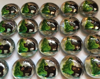 Hand painted glass gems party favors mini art  black bear bears woods forest wild life