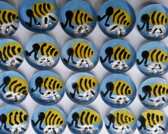 Hand painted glass gems mosaic tile party favors BEES on blue BUMBLE BEE