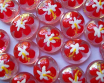 Hand painted glass gems party favors art hibiscus flowers coral  mini art