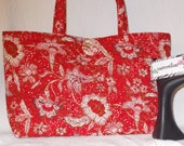 Quilted Flowers Fabric Red Brown Cream Travel Bag Market Bag Tote Bag Handbag Market Bag Diaper Bag Beach Bag Handmade Accessory Gifts