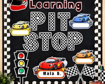 LEARNING PIT STOP Bulletin Board Kit | Classroom Decor | Editable Student Name Plates | Teacher Classroom Display