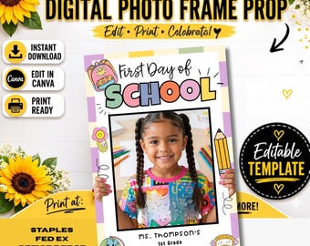 Editable First Day of School Photo Prop Frame |Retro Back to School Sign |20x30 Printable Photo Booth Frame |Canva Template |Classroom Decor