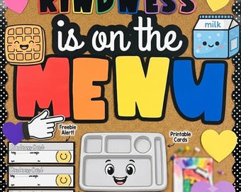 Lunchroom Bulletin Board Kit Kindness is on the Menu | Cafeteria Wall Decor Printable Kindness Cards School Staff Behavior Incentive