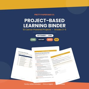 May include: A digital project-based learning binder for grades 3-5 by Pretty Paper Bar Co. The cover features the text 10 Canva-Powered Projects, September-June, and subjects STEM, History, Math, and ELA. Three sample pages are displayed below.