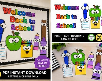 Welcome Back to School Bulletin Board Kit Rainbow School Supplies Theme Printable Classroom Decor Set Editable Teacher Resource