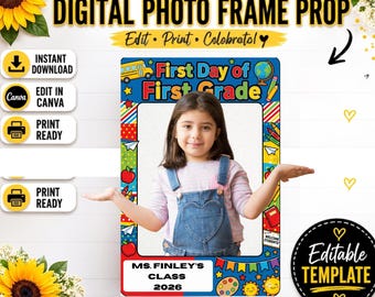 Editable First Day of First Grade Photo Frame | Primary Colors School Picture Prop | 20x30 Canva Template | Back to School Printable Sign