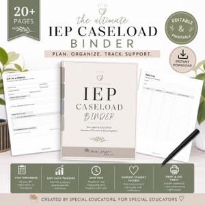 May include: An IEP caseload binder with a beige cover featuring the text IEP CASELOAD BINDER, The Special Education Teacher's Planner & Data System, and Pretty Paper Bar Co. Includes two open pages, IEP At-a-Glance and Data Log, and a black pen.