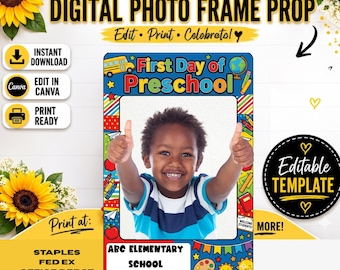 Editable First Day of Preschool Photo Frame | Primary Colors School Picture Prop | 20x30 Canva Template | Back to School Printable Sign