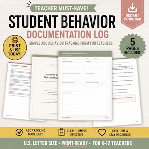 May include: A digital student behavior documentation log featuring five pages of printable ABC tracking forms for teachers. The document includes sections for behavior, antecedents, consequences, and follow-up actions in U.S. letter size format.