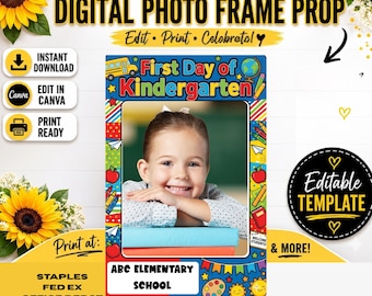 Editable First Day of Kindergarten Photo Frame | Primary Colors School Picture Prop | 20x30 Canva Template | Back to School Printable Sign