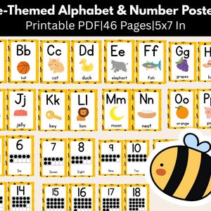 Peut inclure: Ensemble d'affiches imprimables sur le thème des abeilles, avec l'alphabet et les chiffres. Chaque affiche présente une lettre ou un chiffre avec une image associée, comme une pomme pour 'A'. Les affiches mesurent 12.7 x 17.8 cm.