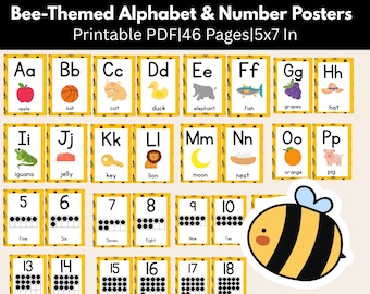 Bee Alphabet & Number Posters: Classroom Decor Flashcards (PDF Download 5x7in
