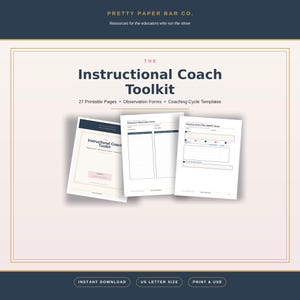 Może przedstawiać: Instructional Coach Toolkit zawiera 27 stron do druku z formularzami obserwacji i szablonami cykli coachingu. Zestaw prezentuje stronę tytułową, formularz obserwacji zajęć oraz plan działania z celami SMART.